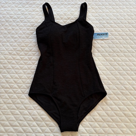 NWT Sporti Black Bathing Suit Swim One Piece Sz 8 Crinkle Material Built In Bra - Picture 1 of 15